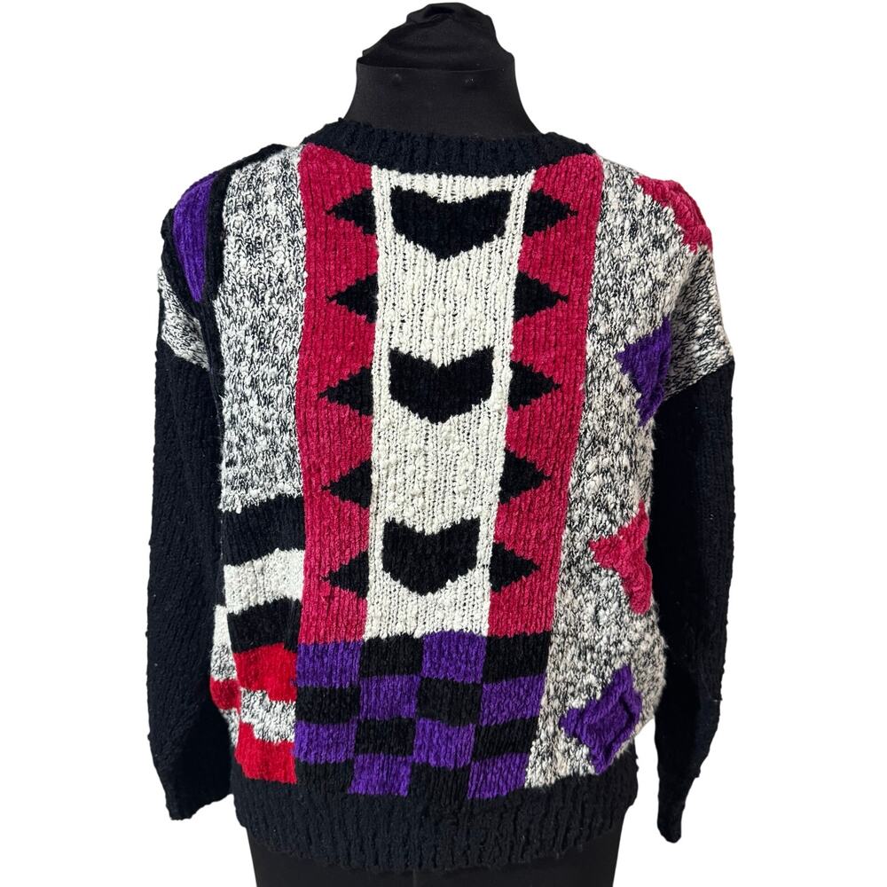 Vintage 80s Sweater Debra Martin Abstract Geometric Black Pink‎ Purple Graphic M